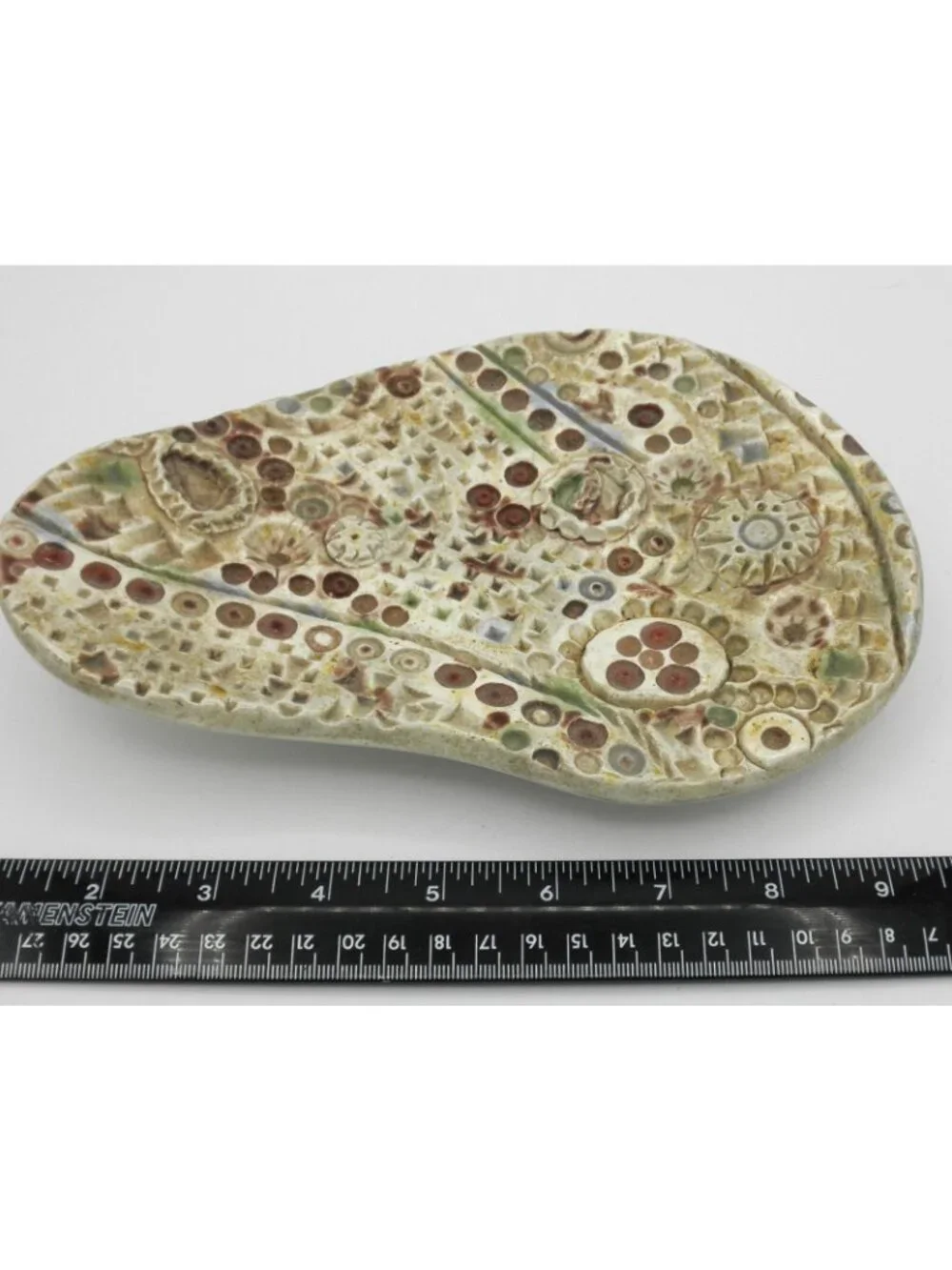 Art Pottery  Spoon Rest Trinket Dish Abstract Textured Footed Earth-tone Colors